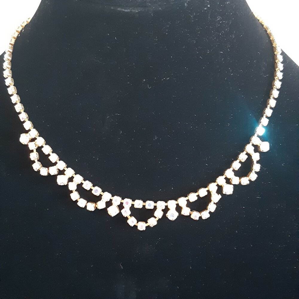 1950s Gold Tone Metal Backed Rhinestone 16 Inch Choker Necklace, Vintage